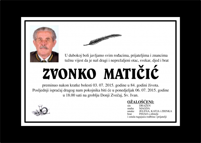 Preminuo dugogodišnji član LD&quot;GAJ&quot; Zvečaj,  ZVONKO MATIČIĆ - jedan od najstarijih naših lovaca, 62 godine član HLS-a